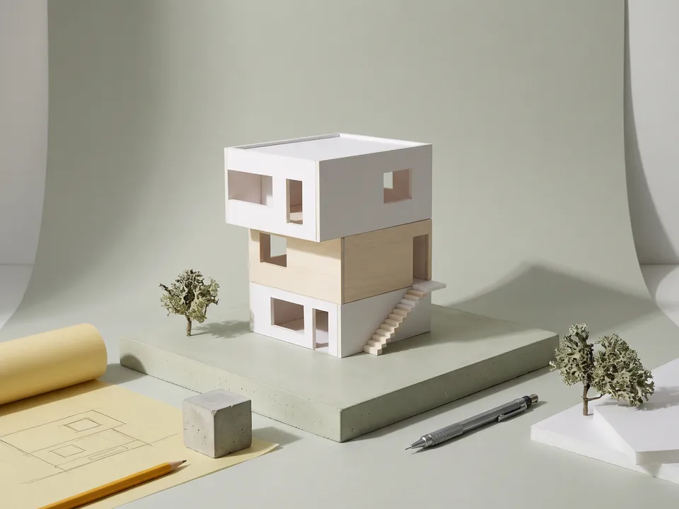 A white card and basswood model of a three-story house on a concrete base, with model trees, tracing paper and a pencil