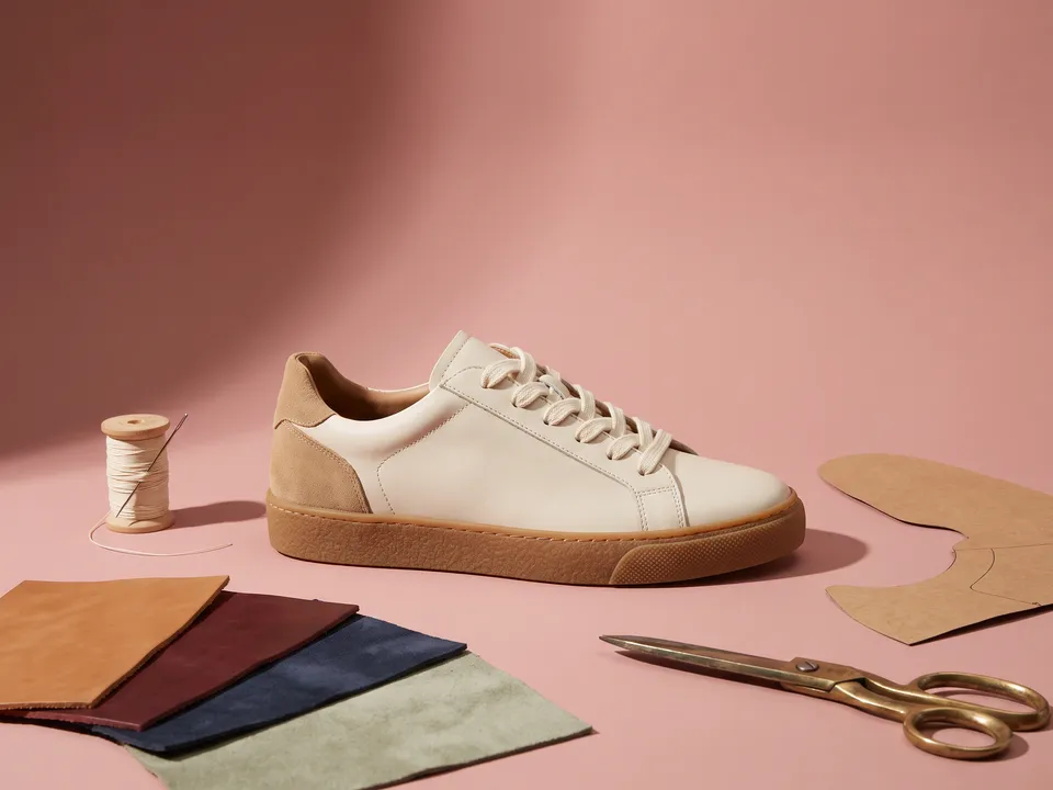 A cream leather sneaker on a gum sole on dusty pink, with leather swatches, thread, scissors and a paper pattern