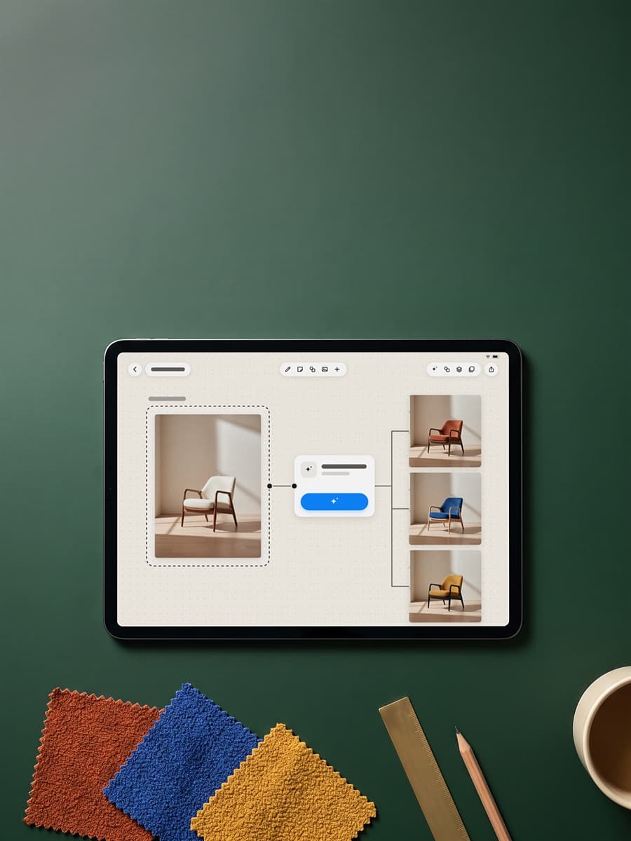 An iPad on a green desk showing a Flows board: one armchair photo linked to three versions of it in rust, blue and mustard, beside matching fabric swatches