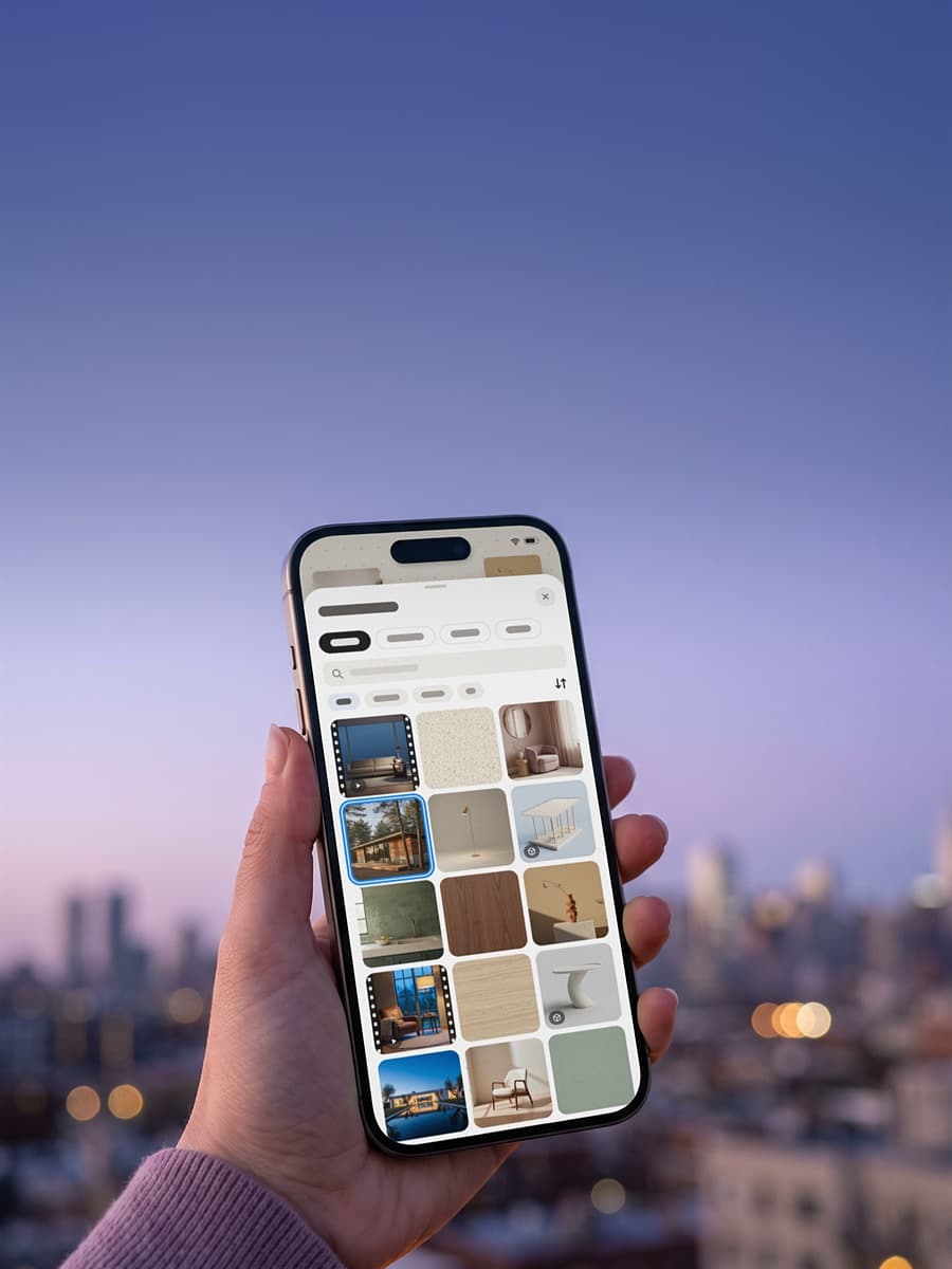 An iPhone held up against a city at dusk, showing My Library: a grid of saved images, videos, textures and models