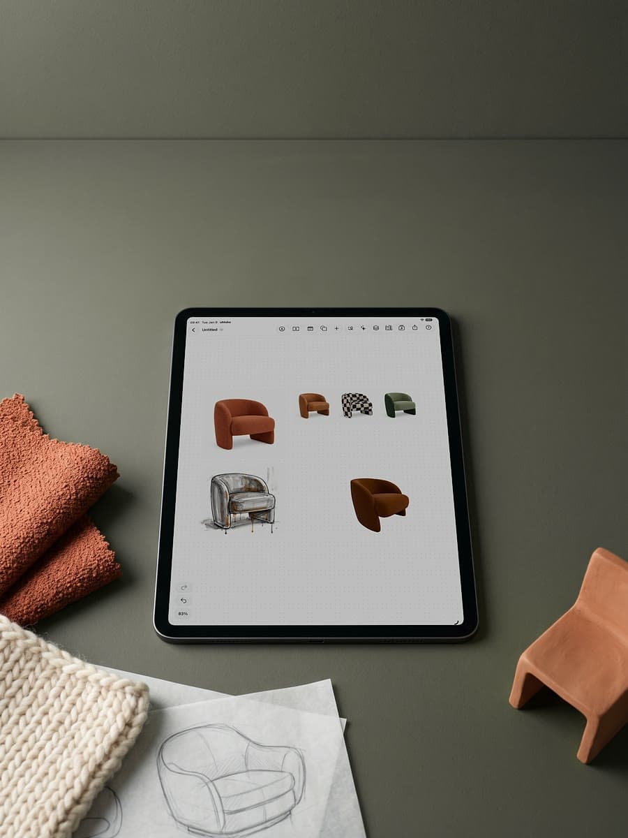An iPad on an olive desk showing a sketch of an armchair beside 3D versions of it in rust, check and green, with bouclé swatches, a clay chair model and paper sketches