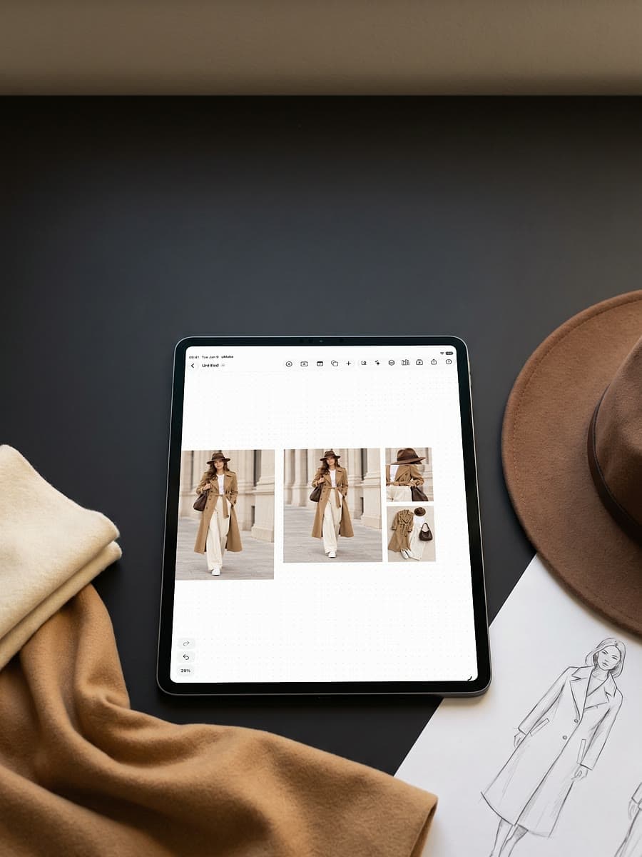 An iPad on a black desk showing photos of a woman in a camel coat and hat, beside camel wool, a felt hat and a sketch of the coat