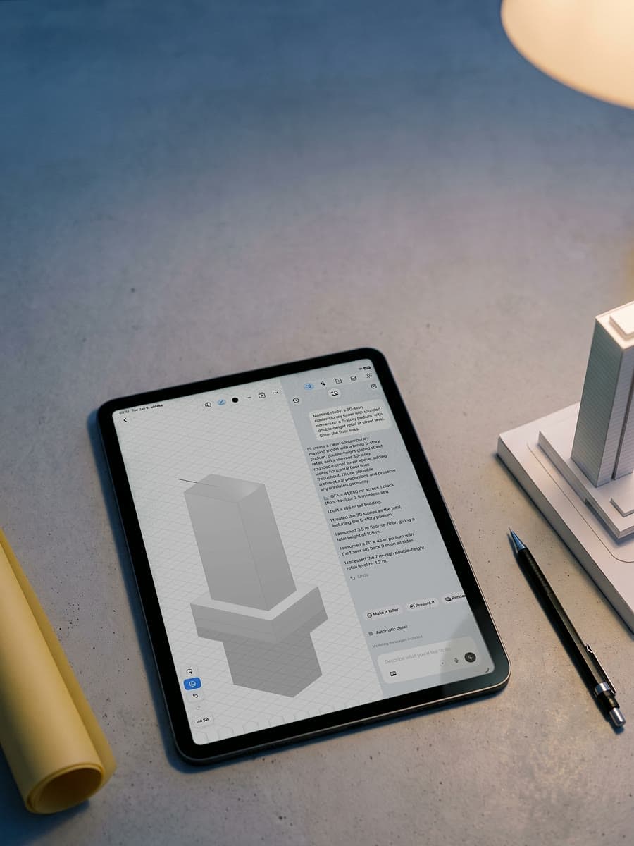 An iPad on a concrete desk under a lamp, showing a gray 3D tower beside the Design Partner chat, next to an architectural model, tracing paper and a pencil