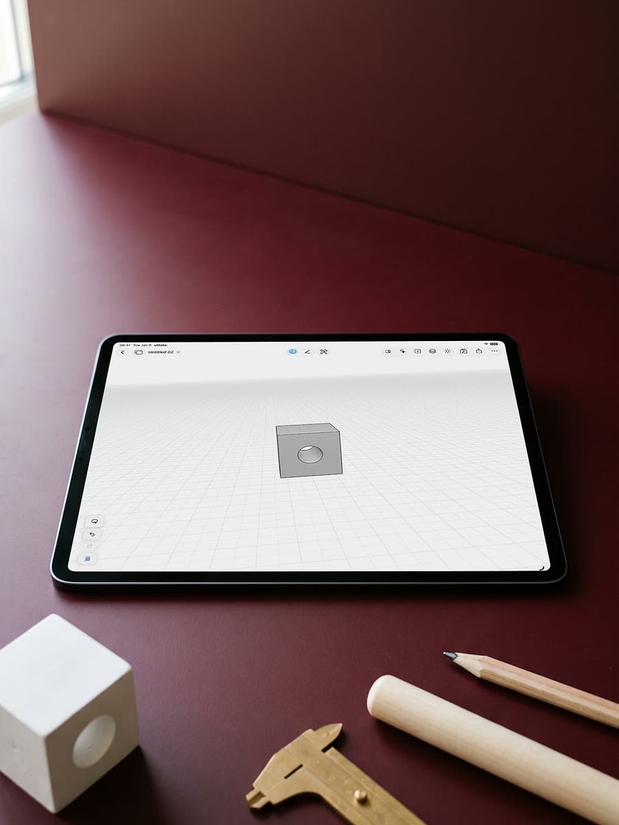 An iPad on a burgundy desk showing a 3D cube with a round hole cut through it, beside a plaster cube with the same hole, calipers and a pencil