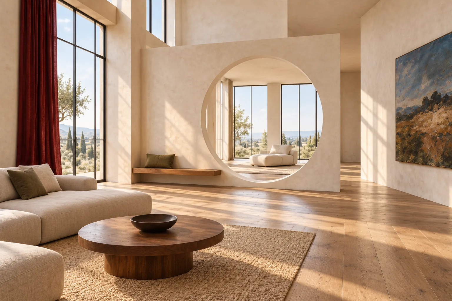 A sunlit living room with a round opening in a plaster screen, pale seating, a walnut table and burgundy drapery